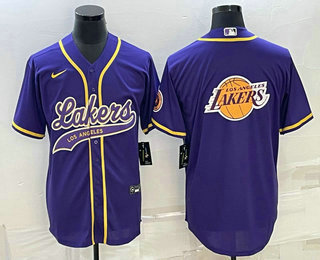 Men%27s Los Angeles Lakers Purple Team Big Logo Cool Base Stitched Baseball Jersey